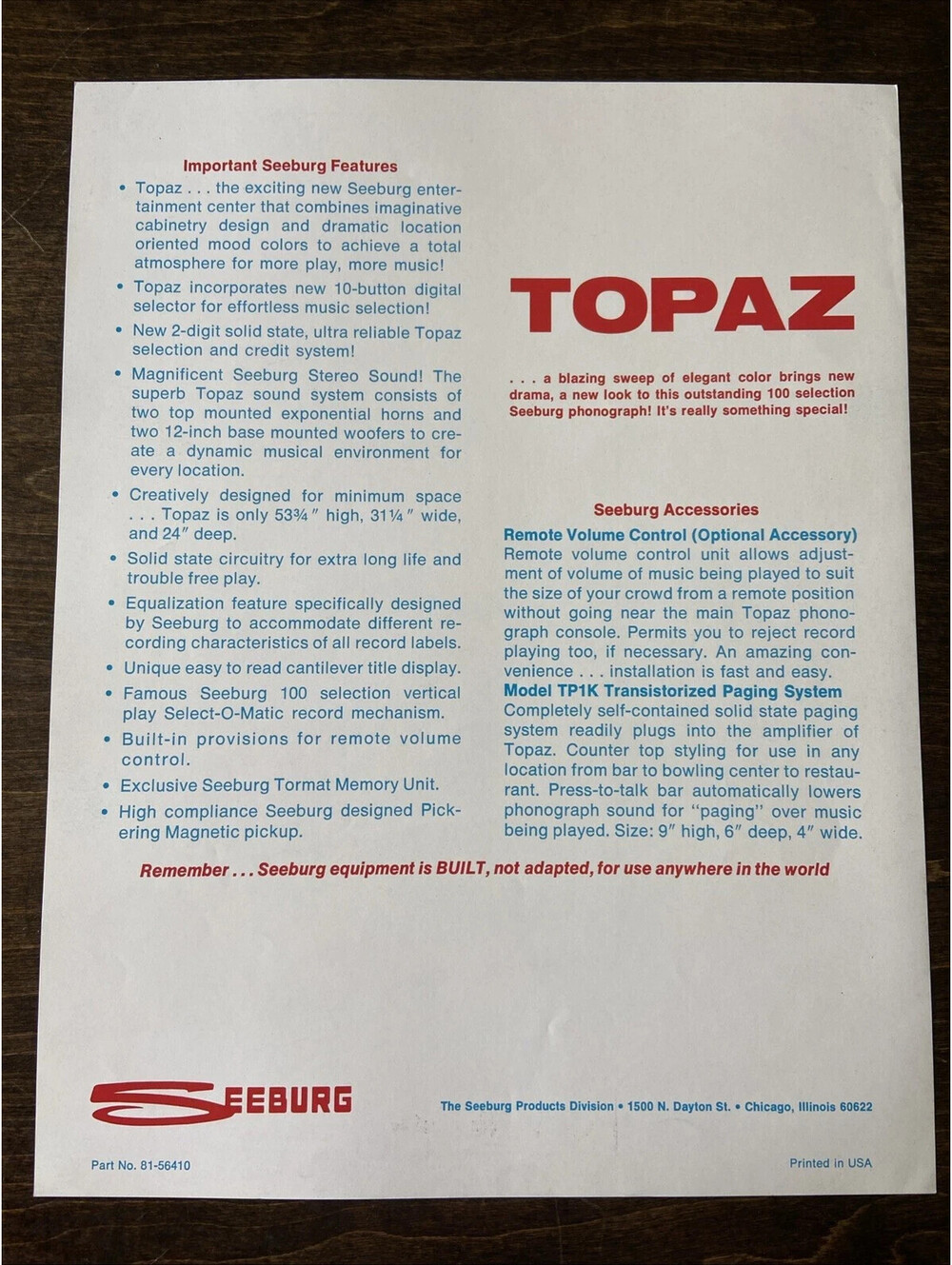 Seeburg Topaz Arcade Pinball FLYER Original Ad Promo Poster Not PCB